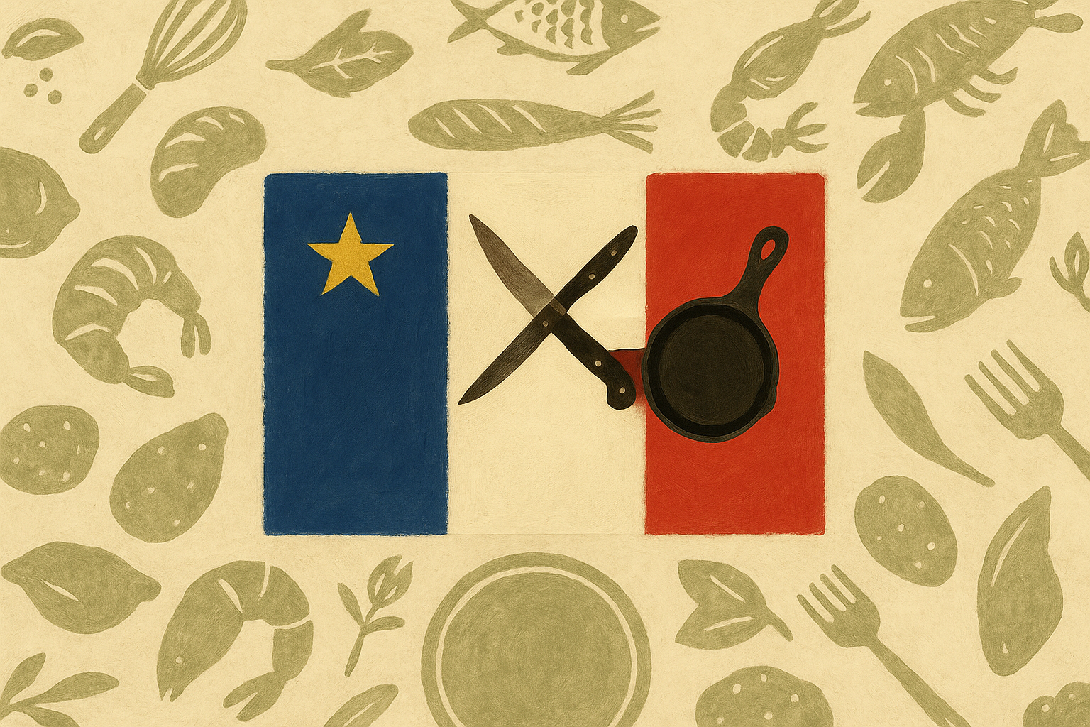 acadian flag with cooking utensils, painted on a canvas